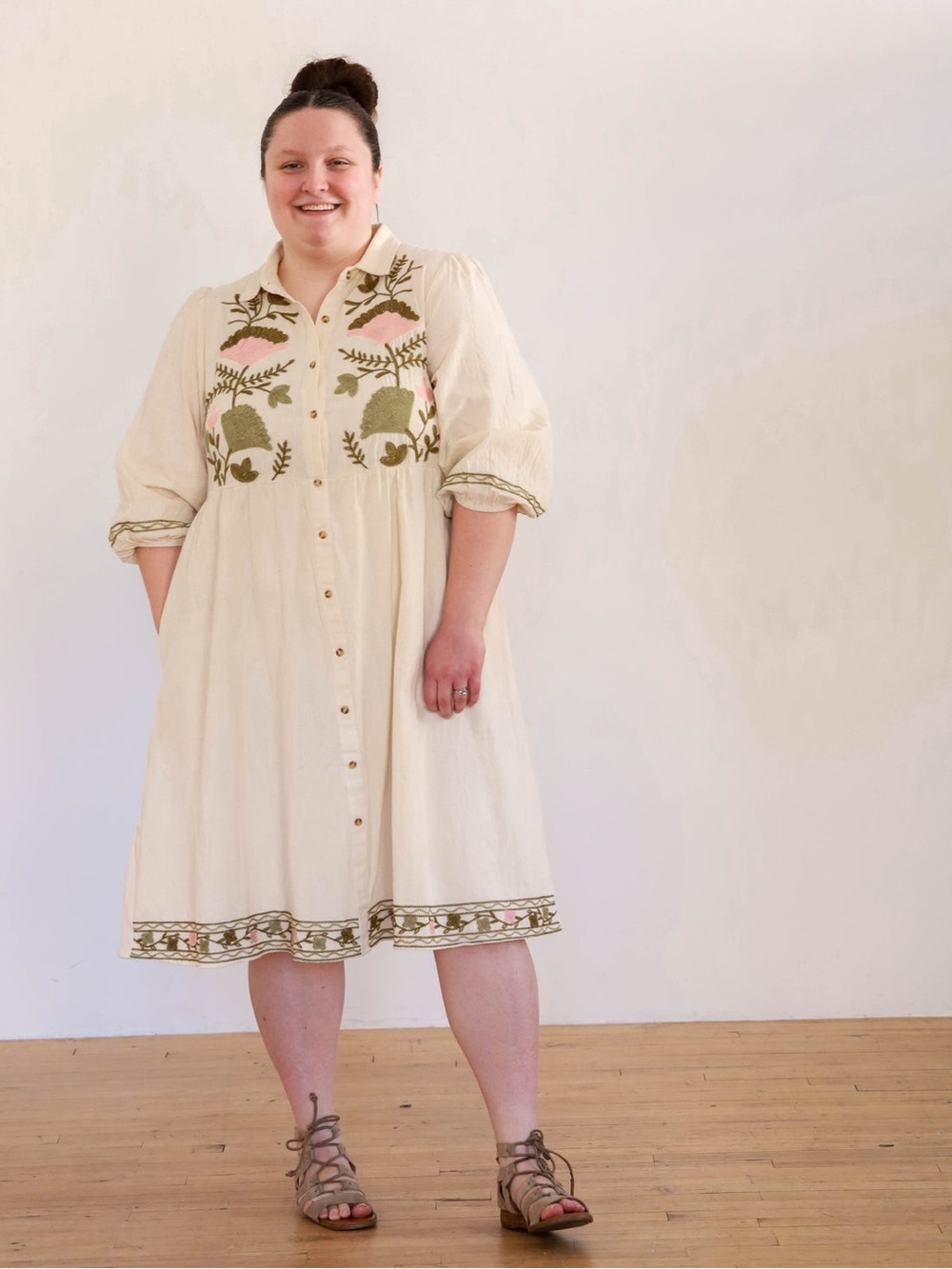 Cottagecore Polagram Cream Midi Dress with Pink & Olive Embroidery